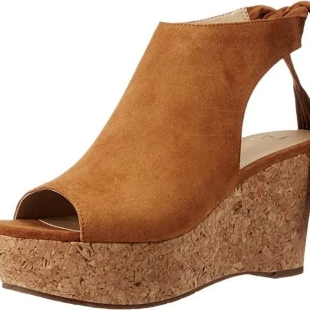 NEW IN BOX MARC FISCHER SUEANN WEDGE SANDAL COGNAC SUEDE FRINGE TIE BACK SZ 7.5 - Picture 4 of 10